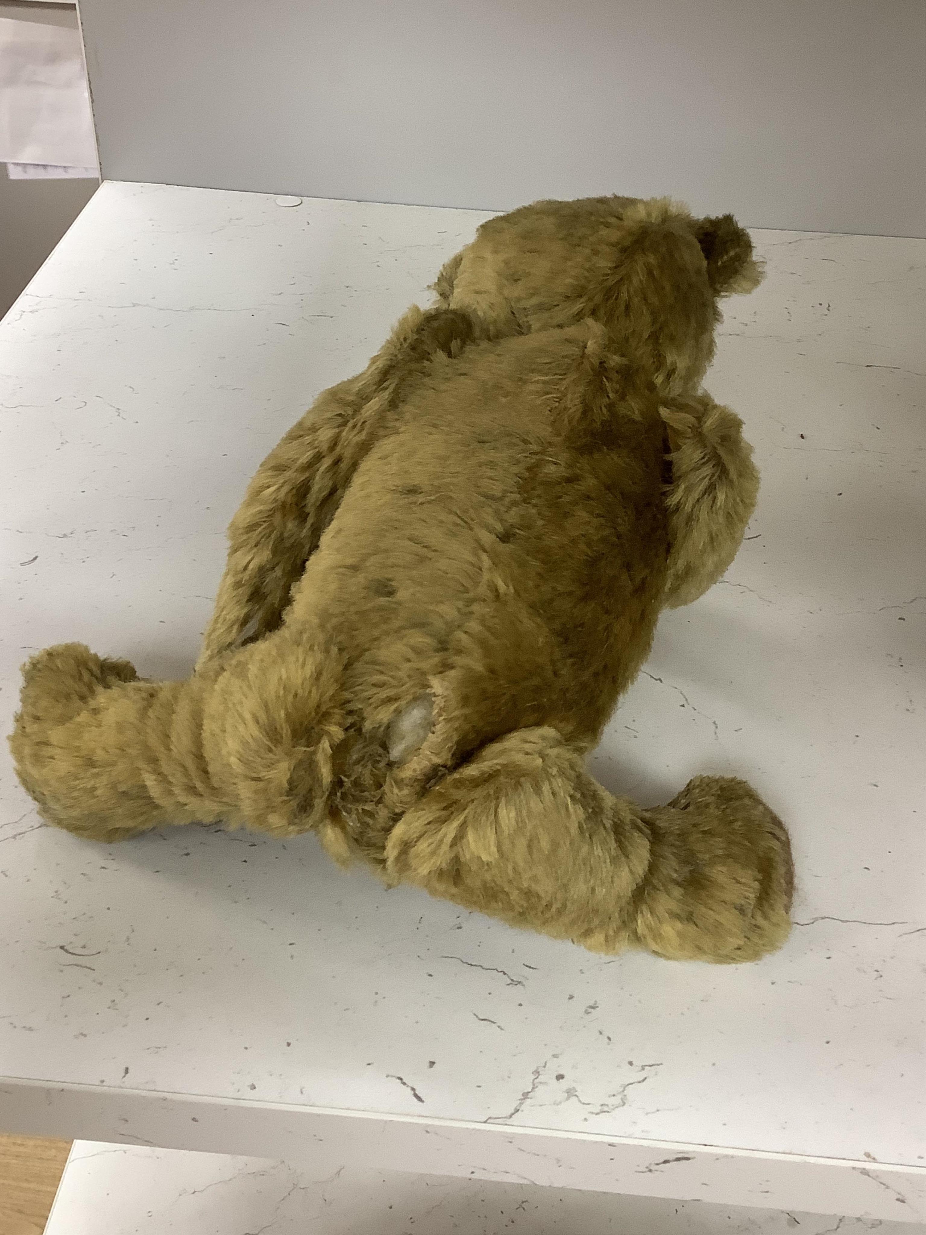 An early 20th century German hump backed plush teddy bear and three others, German teddy 30cm high. Condition - the German teddy has a short split on the back seam and glue on the front leg that needs removing and plush